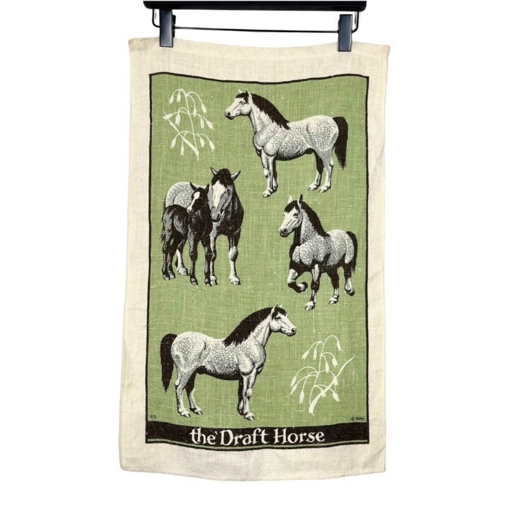 Vintage Kay Dee Linen Tea Towel the Draft Horse Sage Green Equestrian Art